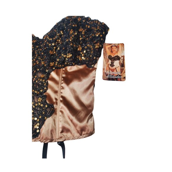 Gold Satin Bustier Corset with Black Lace & Sequins – NWT - Picture 2 of 12